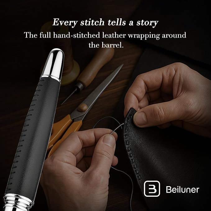 BEILUNER 318 Luxury Leather Pen, Hand-Stitched Premium Leather, Chrome-Plated - Image 3