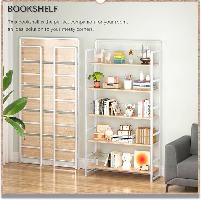 4NM No Assembly Extra Wide 5 Tiers Folding Bookshelf Storage Shelves Vintage - Image 3