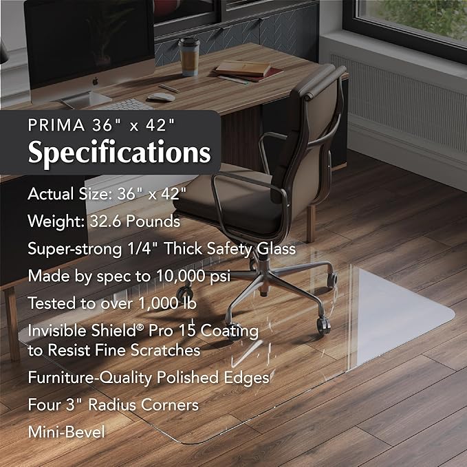 Vitrazza Glass Chair Mat 36” x 42” Superior ¼ Thick, Luminoso Low-Iron Ultra - Image 4