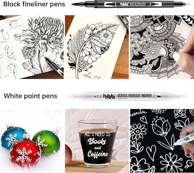 hhhouu 17Pack Dual Tip Black & White Brush Pens- Fineliner & Highlighting Set - Image 4