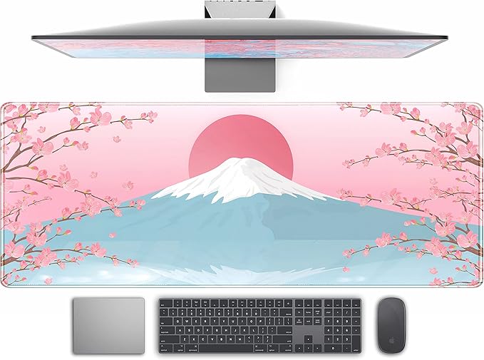 Aesthetic Japanese Cherry Blossom Desk Mat Cute Pastel Blue Color XL Sakura by TENG+DA+QING