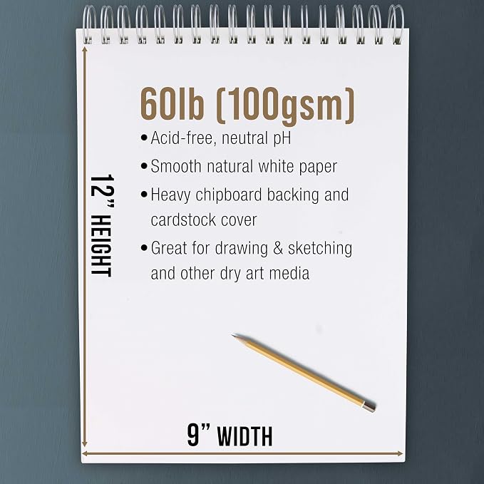 U.S. Art Supply 9"x12" Top Spiral Bound Sketch Book, 2 Pack, 100 Sheets Each - Image 3