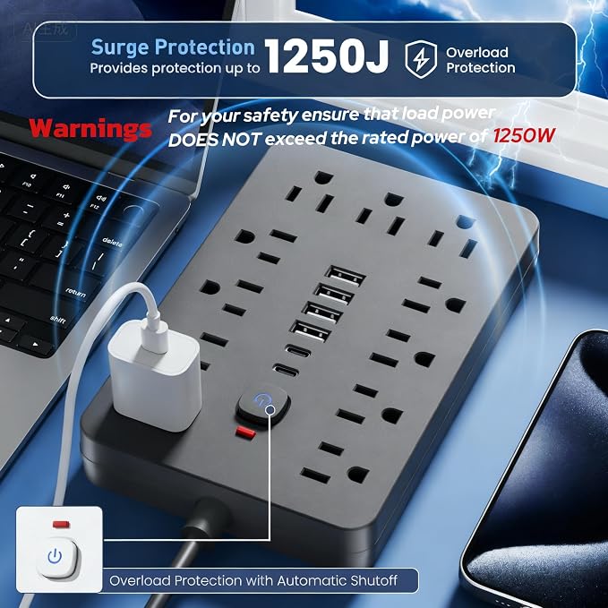 JouleLoom 15 FT Flat Plug Surge Protector Power Strip, 11 Multiple AC Outlets - Image 7