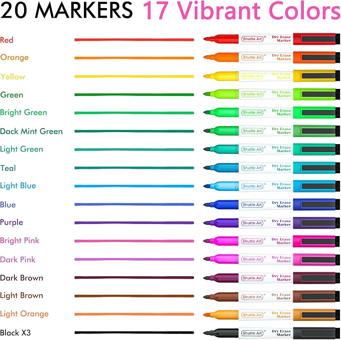 Shuttle Art Dry Erase Markers, 20 Pack 17 Colors Whiteboard Markers, Bundled - Image 3
