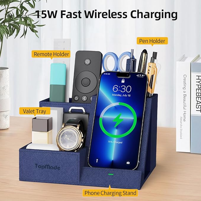 TopMade Wireless Charger with Desk Nightstand Organizer, Leather Pen Pencil - Image 3