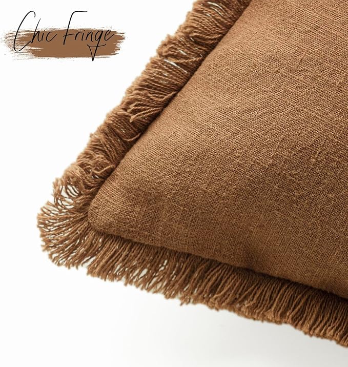 Foindtower Set of 2 Decorative Linen Fringe Throw Pillow Covers Boho Farmhouse - Image 3