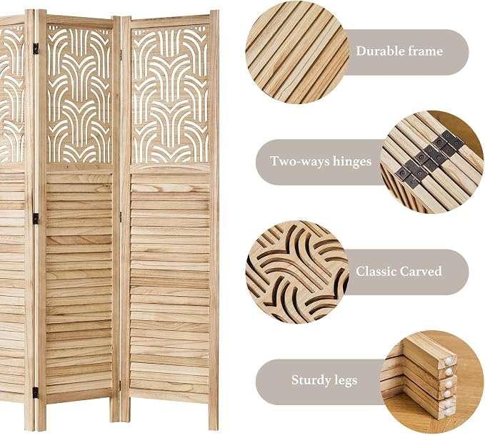 Svimi Folding Room Divider, 66.9 Inch 6 Panels Wood Carved Privacy Screens - Image 6