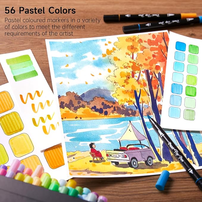 Shuttle Art Pastel Brush Pens, 56 Pastel Colouring Pens, Dual Tip Brush Markers - Image 4