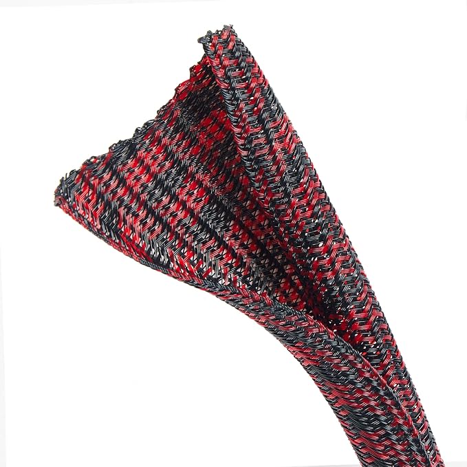 QCSIW Split Cable Sleeve, 1/2 Inch 100ft Black Red Braided Wire Loom - Image 3