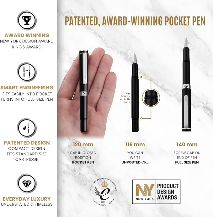Scriveiner Personalized Luxury EDC Fountain Pen, Stunning Matt Black Pocket Pen - Image 4