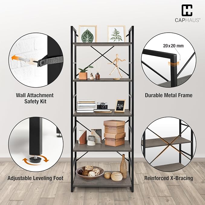CAPHAUS 5 Tier Bookshelf, 24 Inch Width Free Standing Shelf, Bookcase Shelf - Image 5