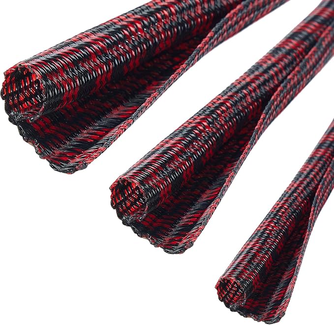QCSIW Split Cable Sleeve, 1/4 inch 100ft Black Red Braided Wire Loom - Image 2