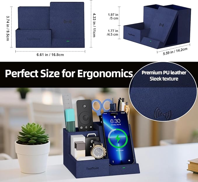 TopMade Wireless Charger with Desk Nightstand Organizer, Leather Pen Pencil - Image 7