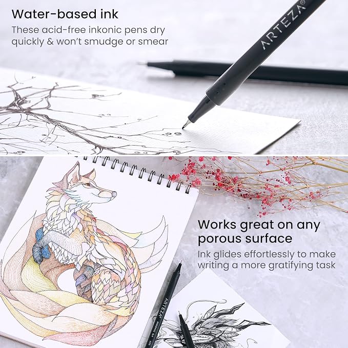 ARTEZA Inkonic Fineliners Pens, 0.4 mm Fine Tip Markers, Water-Based Art Pens - Image 4