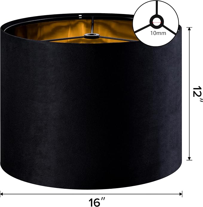 GO&SO Black Velvet Lamp Shades Set of 2 Large Drum Lampshades -16" Top x 16" - Image 2