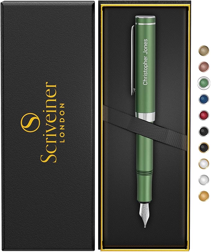 Scriveiner Personalized Luxury EDC Fountain Pen, Stunning Matt Green Pocket Pen by Scriveiner