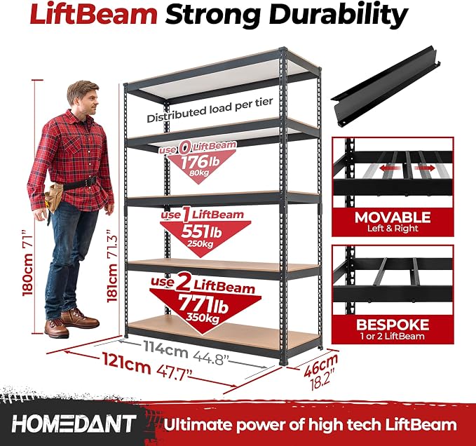 HOMEDANT 47.7" W 5 Tier Heavy Duty Garage Shelving Adjustable Metal Rack - Image 2