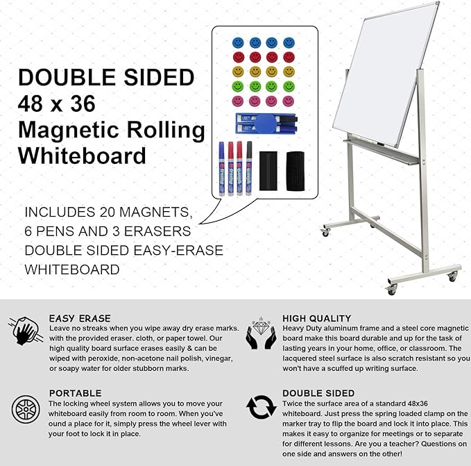 Max-officoo Mobile Whiteboard Magnet Dry Erase Board on Wheels Double-Sided - Image 2
