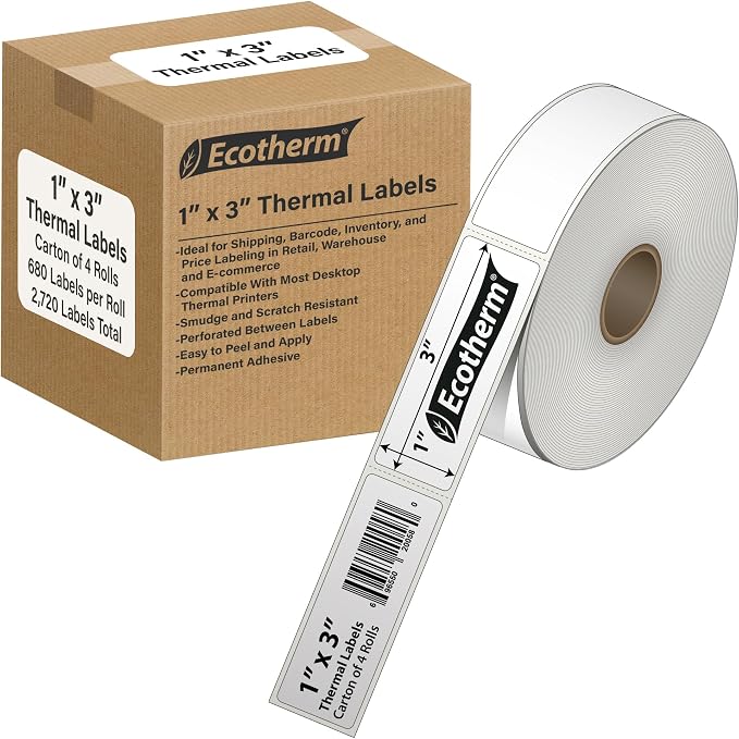 1" x 3" Thermal Labels | 4 Rolls | 2720 Labels | fits Zebra, Offnova Thermal by EcothermProducts