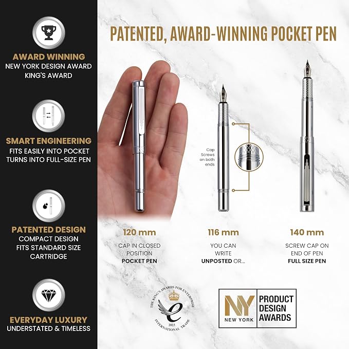 Scriveiner Silver Chrome Fountain Pen, Award Winning Luxury Pen, Heavy Pocket - Image 4