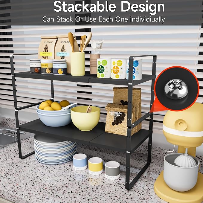 jkxoo 2Pack 16.5-27’’L Expandable Cabinet Shelf Organizers, Stackable Metal - Image 4