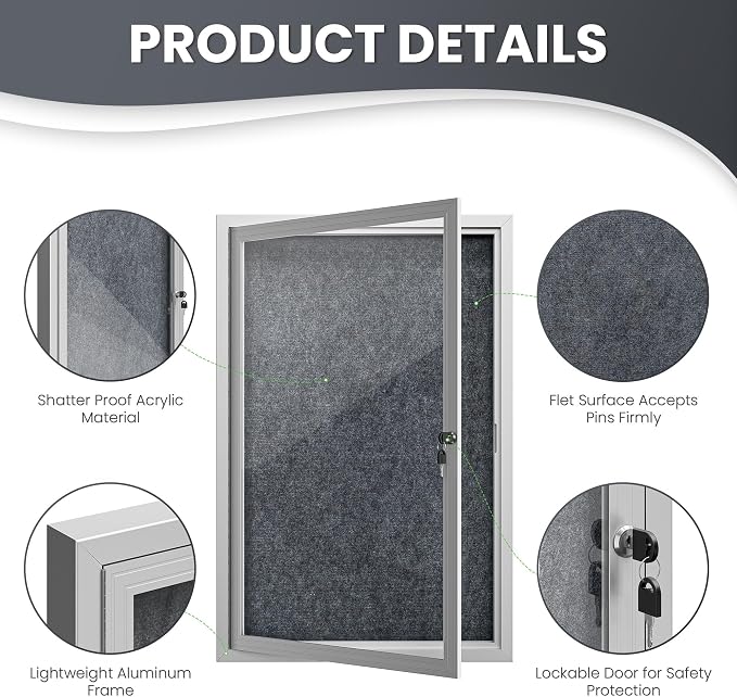 36"x24" Lockable Enclosed Bulletin Board, Outdoor Flet Weather-Resistant - Image 5