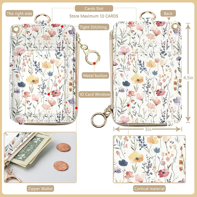 bolimoss 2-in-1 ID Badge Holder & Lanyard Wallet, Cute Florals Leather ID Badge - Image 2