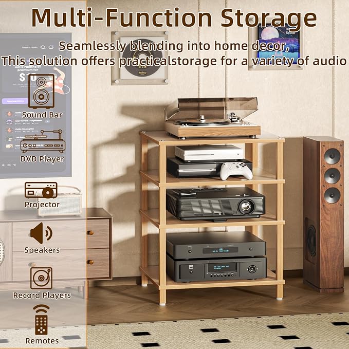 4-Tier AV Media Player Stand, Natural Stereo Cabinet, Modern Audio Shelf - Image 7