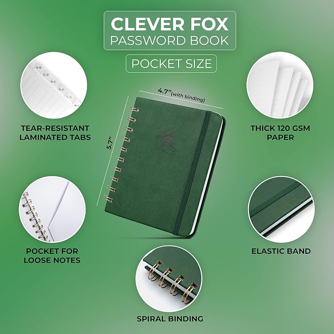 Clever Fox Password Book Spiral – Mini Internet Address & Password Organizer - Image 2