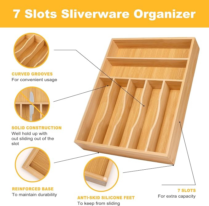 oridom Kitchen Bamboo Silverware Organizer, Kitchen Drawer Organizer - Image 5