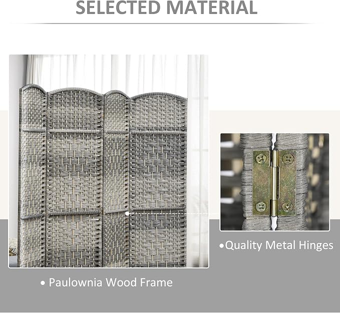 HOMCOM 4 Panel Room Divider, Hand-Woven Freestanding Wood Partition - Image 5