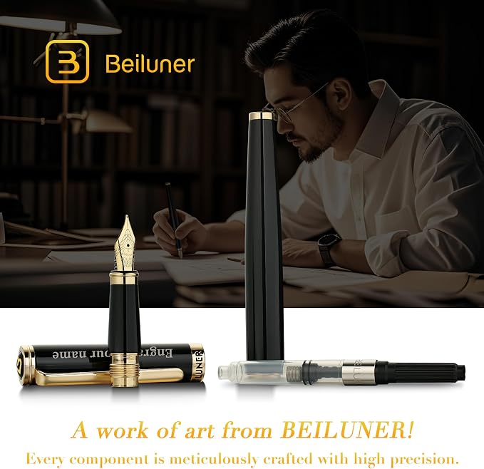 BEILUNER Black Personalized Fountain Pen, Stunning Luxury Lacquer, 24K Gilded - Image 7