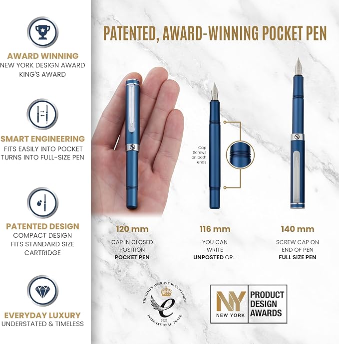 Scriveiner Personalized Luxury EDC Fountain Pen, Stunning Matt Blue Pocket Pen - Image 4