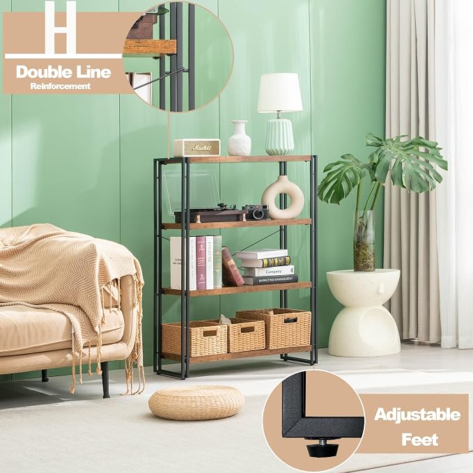 HCHQHS Bookshelf, 4-Tier Industrial Bookcase, Rustic Open Book Shelf, - Image 6