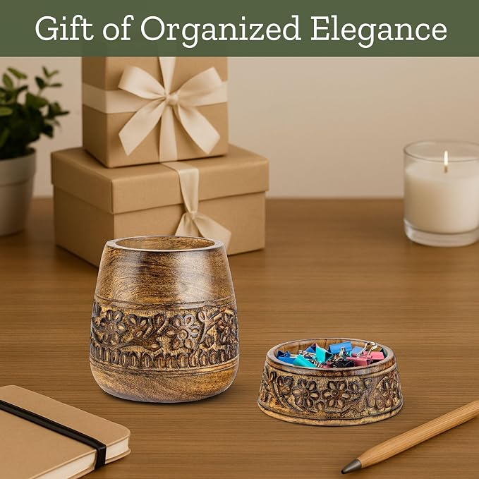 Mie Creations Wooden Desk Organizer Set of 2 Pen Holder, Paper Clip Storage - Image 5
