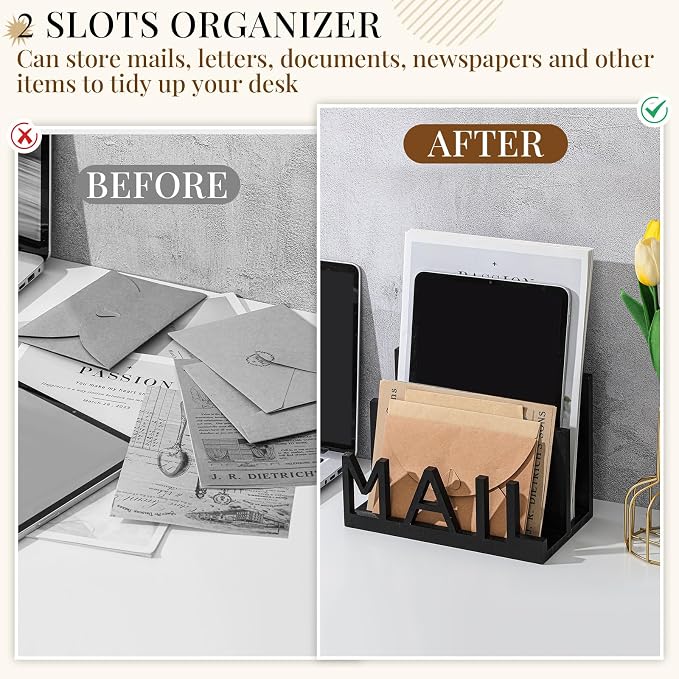Vercraft 2 Slot Mail Organizer Holder Countertop Wooden Mail Black Letter Holder - Image 4