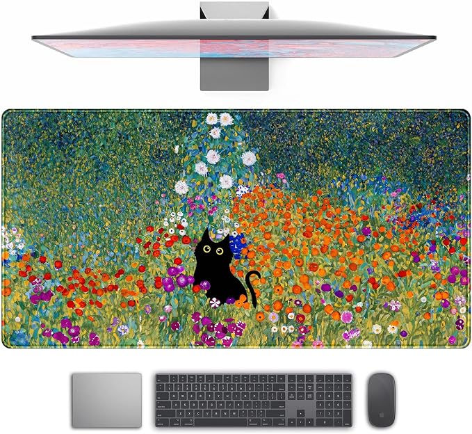Desk Pad Cute Black Cat Oil Painting Art Floret Desk Mat Office Desk Decor by TENG+DA+QING