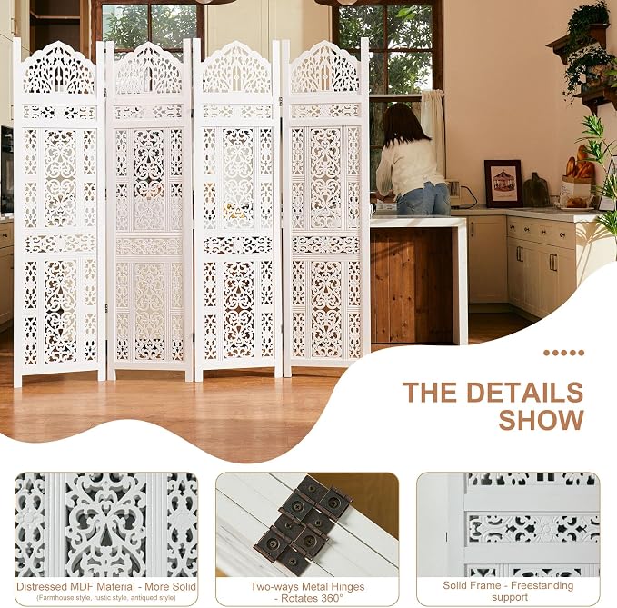 5.75Ft Room Divider Wood Screen, 33Lbs Durable Antiqued Style MDF Carved - Image 4