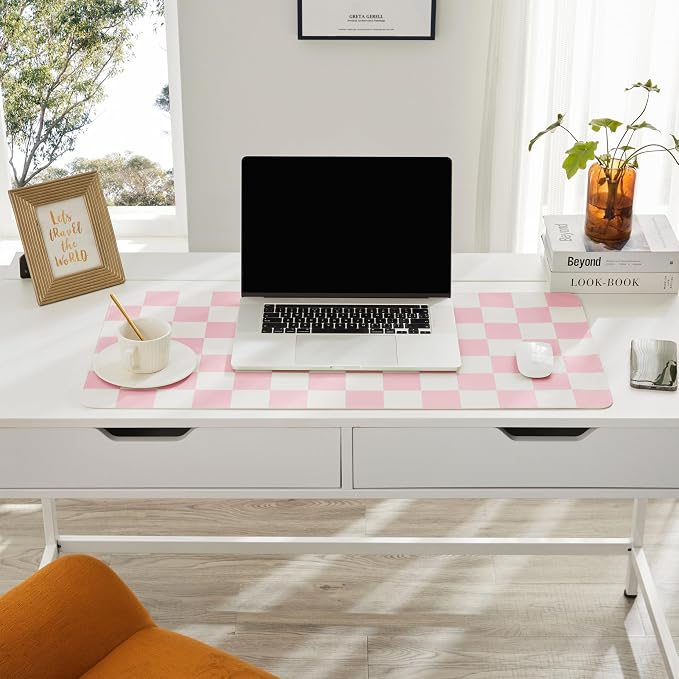 Ohocut Checkered Desk Mat, 31.5" x 15.7" Large Cute Pink Aesthetic Girl Women - Image 3