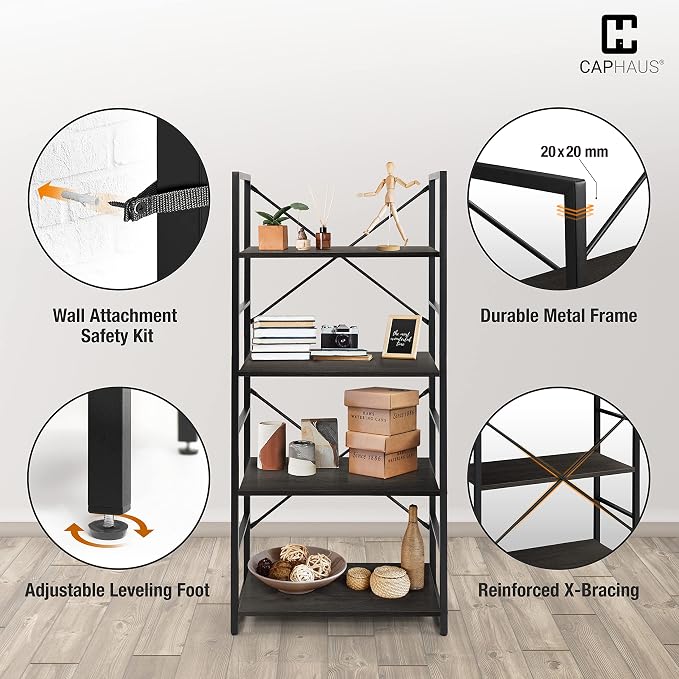 CAPHAUS 4 Tier Bookshelf, 24 Inch Width Free Standing Shelf, Bookcase Shelf - Image 5
