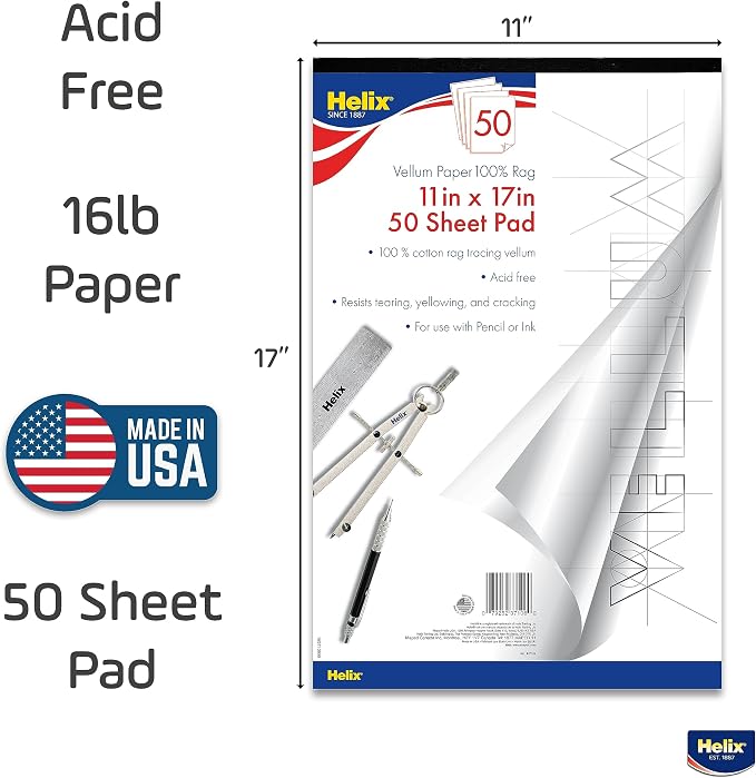 Helix - 100% Rag Vellum Paper Pad - 11 Inch x 17 Inch - 50 Sheet Pad - - Image 5