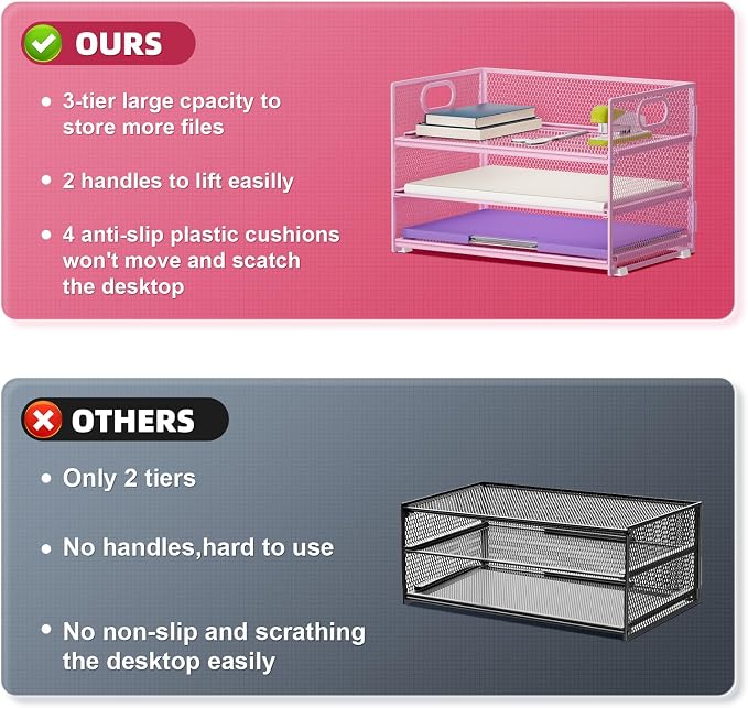 Marbrasse 3 Tier Paper Organizer Letter Tray, Mesh File Organizer - Image 2