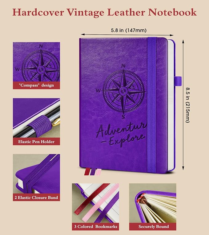 PAIBAS Lined Journal Notebook for Women Men, 160 Pages, A5 Hardcover Vintage - Image 2