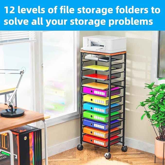 Simple Trending 12 Tier Rolling File Cart, Wood Desk File Organizer - Image 4