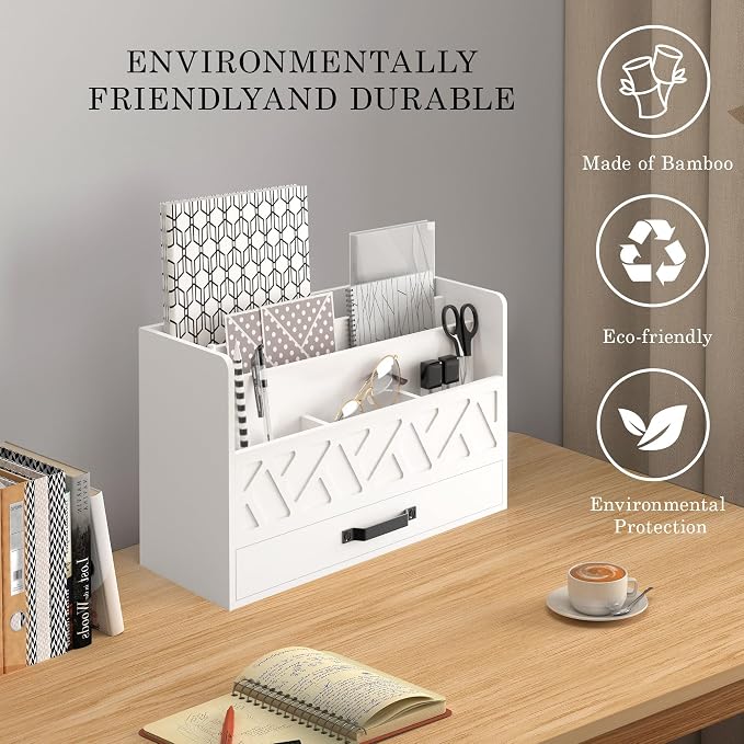 WISUCART Bamboo Mail Organizer Countertop Wood Desk Organizer Drawer Tabletop - Image 2
