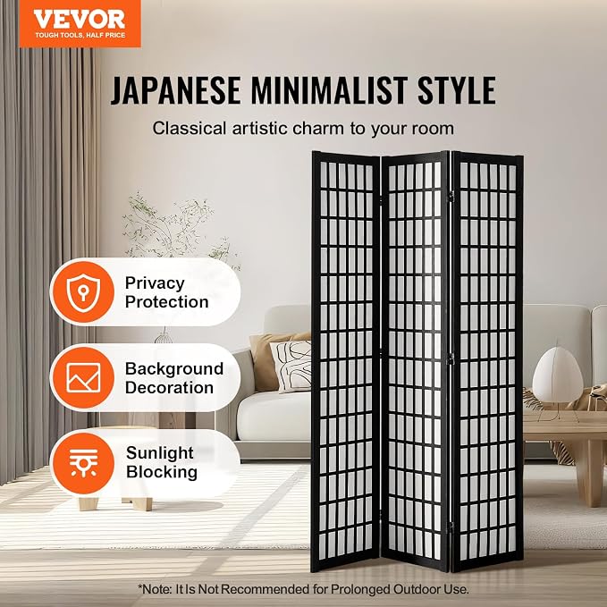 VEVOR Room Divider, 3 Panel Japanese Room Divider, Wood Folding Privacy Screen - Image 2