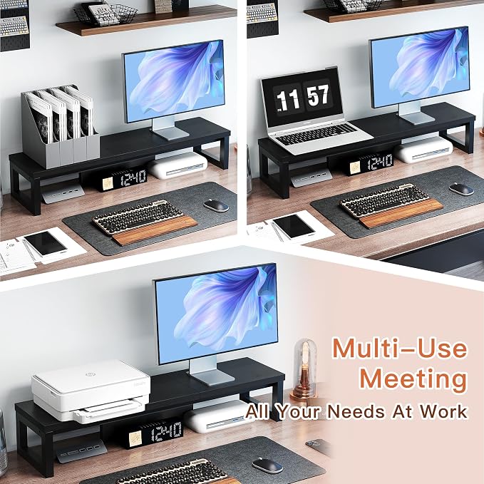 HEWORLIF Dual Monitor Stand Riser, Wood and Steel Monitor Stand - Image 3