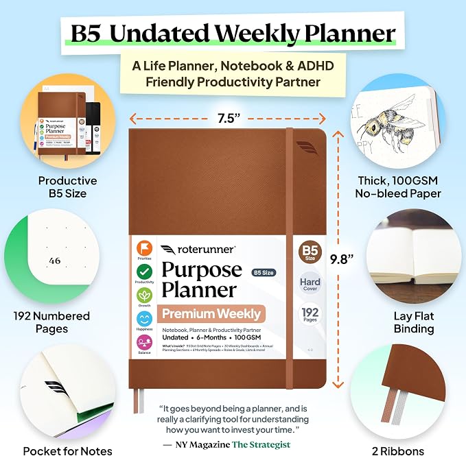 Roterunner Purpose Planner Notebook B5 7.5”x9.8” Undated 2026 Daily Weekly and - Image 2