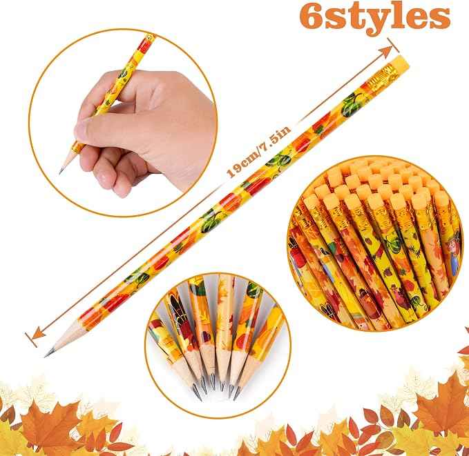 Kolewo4ever 200 Pieces Thanksgiving Pencils Assortment Cylinder Wood Pencil