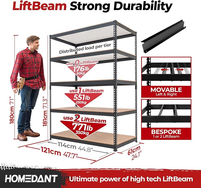 HOMEDANT 47.7" W Deep 5 Tier Heavy Duty Garage Shelving Adjustable Metal Rack - Image 2